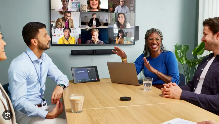 A function room transformed into a video conferencing suite